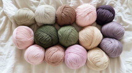 Pastel Yarn Balls on Fabric. A collection of pastel-colored yarn balls neatly arranged on a soft fabric surface. Ideal for craft, knitting, and cozy creative themes.