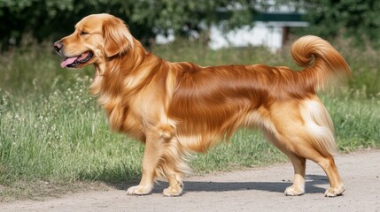 Obraz premium Golden retriever strolling on a path, bathed in warm evening light, embodying peaceful companionship with nature. 
