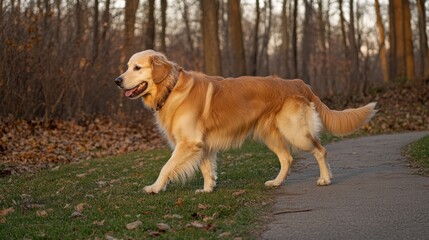 Golden retriever strolling on a path, bathed in warm evening light, embodying peaceful companionship with nature.
