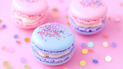 Pastel Macarons with Sprinkles on Pink Background. Vibrant pastel macarons topped with rainbow sprinkles on a pink background. Fun and playful candy-themed dessert image.