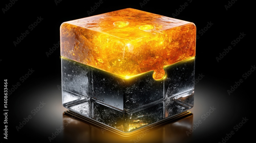 Poster glowing ice cube illuminating an enigmatic puzzle icon surrounded by shimmering golden currency in a