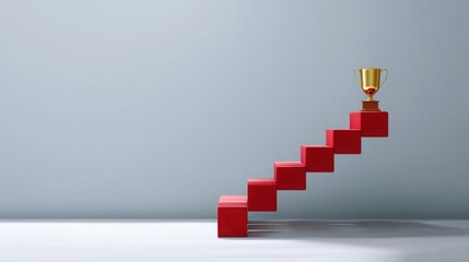 Striking red stair leading to a golden trophy symbolizing achievement and aspiration in a dynamic presentation