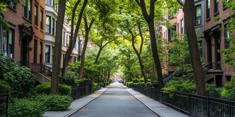 A tree lined street with houses on either side
