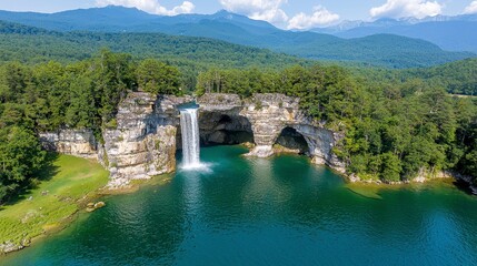 Naklejka premium Serene Waterfall Cascading into Turquoise Lake, Aerial View
