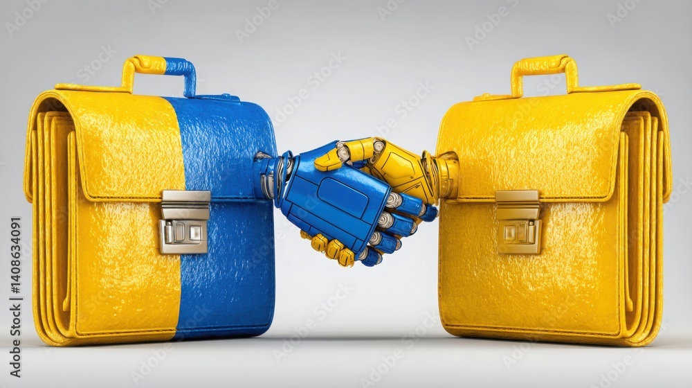 Aufkleber robot hand shaking a digital wallet with a suitcase signifying modern transactions and innovative fi