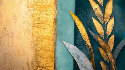 Naklejka premium Abstract Gold Leaf Teal Art Print, Luxury Decor