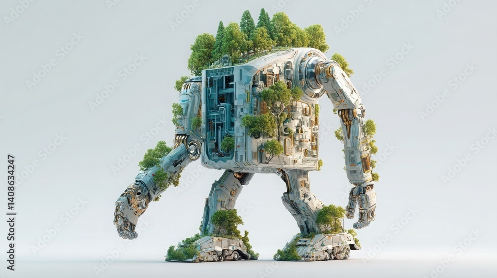 Poster unique robot sculpted entirely from tree branches and leaves, symbolizing harmony between nature and
