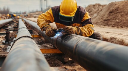 A construction worker welding a pipe in a factory setting. Featuring focus and skill