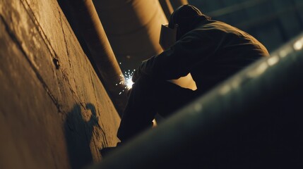 A construction worker welding a pipe in a factory setting. Featuring focus and skill