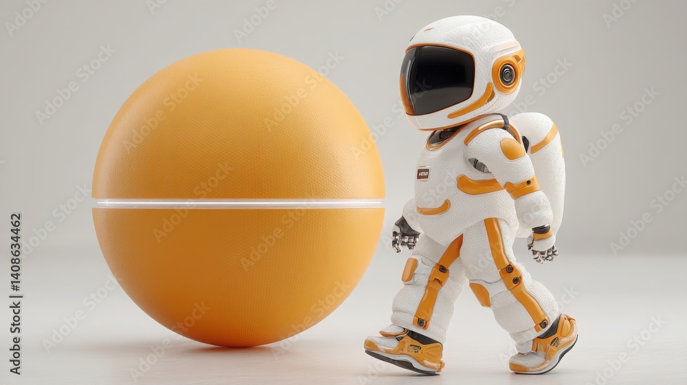Poster robot standing beside an egg in a unique setting highlighting the concept of creation and technology