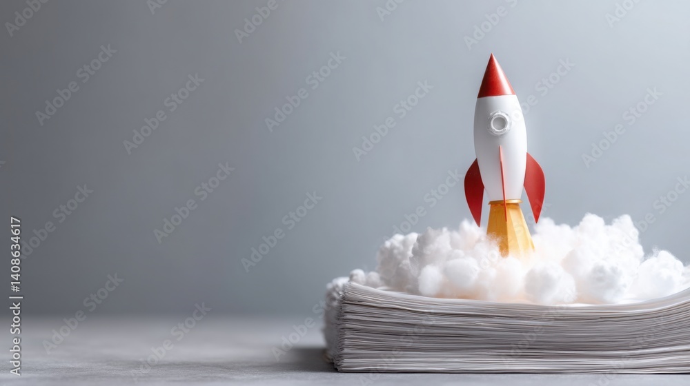 Aufkleber imaginative rocket launching out of a stack of paper representing innovation and creativity in a bus