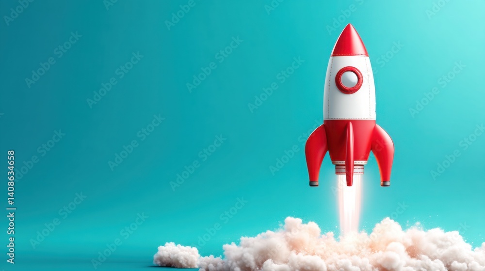 Poster playful rocket launching into the sky from an open wallet representing financial freedom and imagina