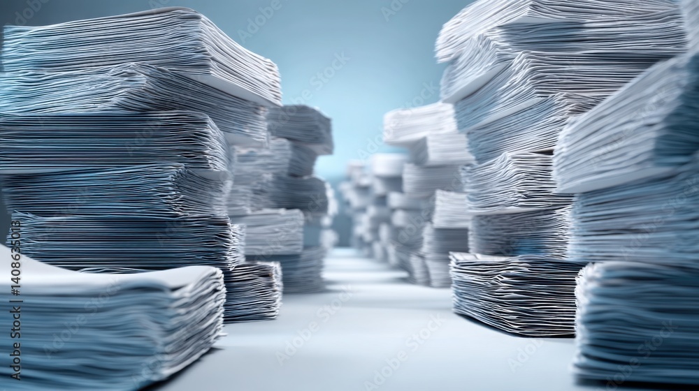 Poster stacked papers forming a path leading to a vault representing security and organization in an office