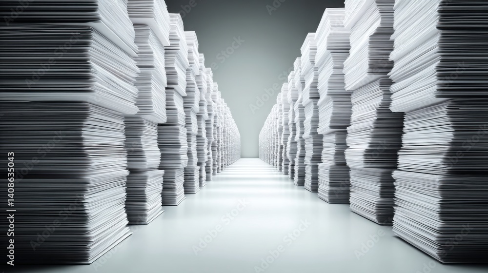 Poster long hallway featuring stacks of papers on either side creating a pathway towards a vault for secure