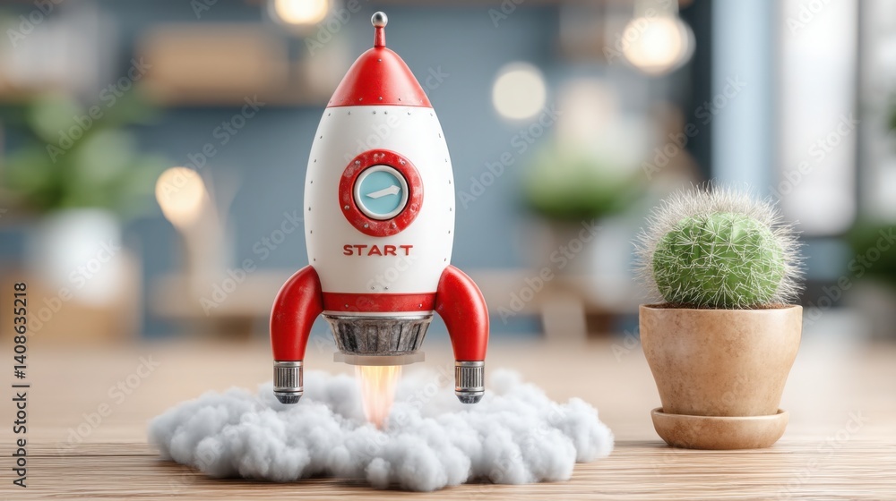 Poster vibrant rocket with a cactus in the background representing a unique startup journey amidst a desert