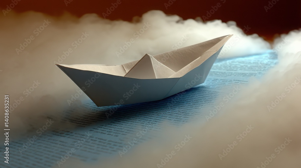 Poster delicate paper boat floating above soft clouds symbolizing imagination and innovation in a dreamlike
