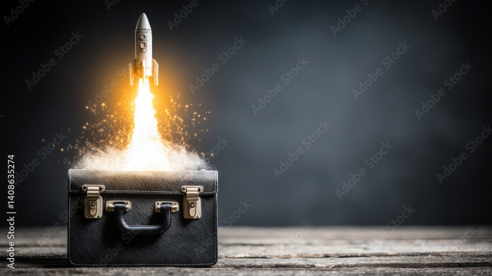 Poster rocket launching from a briefcase representing the exciting potential of startups taking off with en
