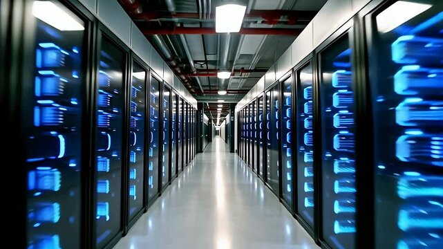 A modern data center corridor filled with rows of sleek, high-tech server racks extending into the distance