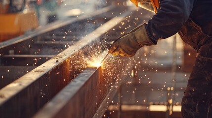 A construction worker welding metal beams together at a site. Featuring precision and craftsmanship