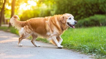 Golden retriever strolling on a path, bathed in warm evening light, embodying peaceful companionship with nature.
