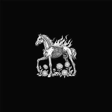 Powerful horse skeleton flames with flowers design vector template illustration