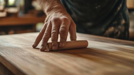 Carpenter sanding a wooden surface at a construction site. Featuring focus and craftsmanship