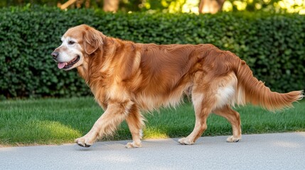 Golden retriever strolling on a path, bathed in warm evening light, embodying peaceful companionship with nature.
