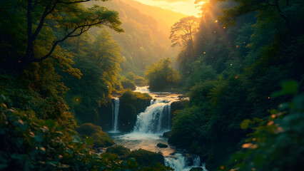 Serene Waterfall in Lush Forest at Sunset