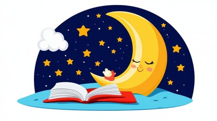 Smiling Crescent Moon Reading a Book Under a Starry Night Sky