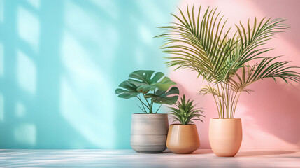 Pastel Background with Tropical Plants in Pots  A Plant-Based Lifestyle Aesthetic