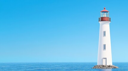 Fototapeta premium Solitary White Lighthouse on Calm Blue Ocean Under Clear Sky