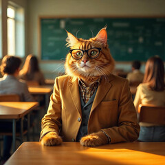 A cat teacher in a classroom wearing glasses and teaching students