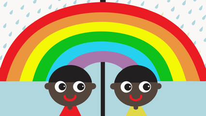 Fototapeta premium Two smiling dark-skinned children under a rainbow umbrella during a rainstorm