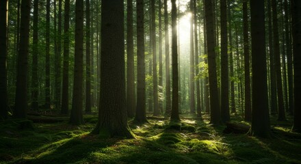 Obraz premium Sunbeams Filtering Through a Mystical Forest