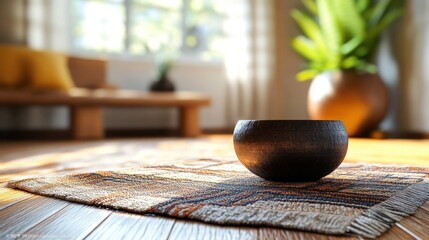 Wooden bowl on patterned rug, sunlit room