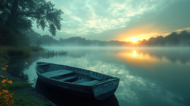 In the early morning light, a serene lake is shrouded in mist as the sun begins to rise, casting a warm glow on the tranquil waters beside an abandoned boat - Powered by Adobe