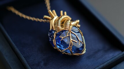 Naklejka premium Gold-wired, sapphire-encrusted heart necklace.