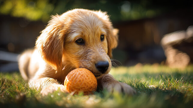Golden retriever puppy playing with natural rubber toy in sunny backyard, shallow DOF lifestyle photography