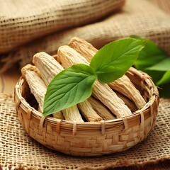Obraz premium Dried Ginseng Roots in Basket with Green Leaf