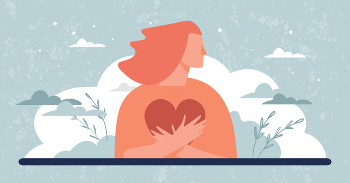 Self love concept banner, volunteering and psychological help, woman hugging heart, healing from trauma, peace of mind. Vector flat illustration.