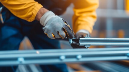 Scaffolding assembler securing metal frames at a job site. Featuring teamwork and structure