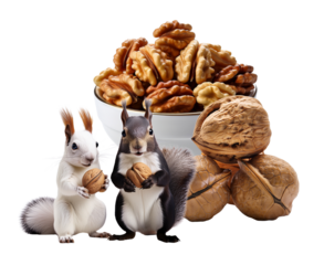 Squirrel Feast: A playful white and grey squirrel  hold walnuts in their paws, looking curiously at the bowl of pecans in the background.