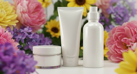 Luxury Skincare Products Amidst Blooming Flowers