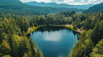 Fototapeta premium Aerial view of a beautiful tranquil lake surrounded by tall trees