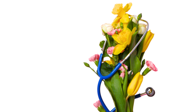 Flowers with a stethoscope highlight nurse appreciation, isolated on white