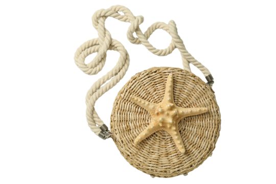 Woven bag with starfish design perfect for summer travel adventures, isolated on white background