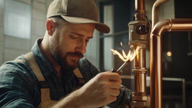 A plumber installing copper pipes in a new building. Featuring craftsmanship and reliability