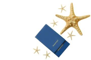 Passport next to starfish on white, symbolizing summer travel, isolated on white background