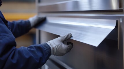 Sheet metal worker bending aluminum panels for an exterior facade. Featuring precision and modern design