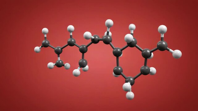 Rotating 3D Molecular Structure Black and White Spheres on Red Background